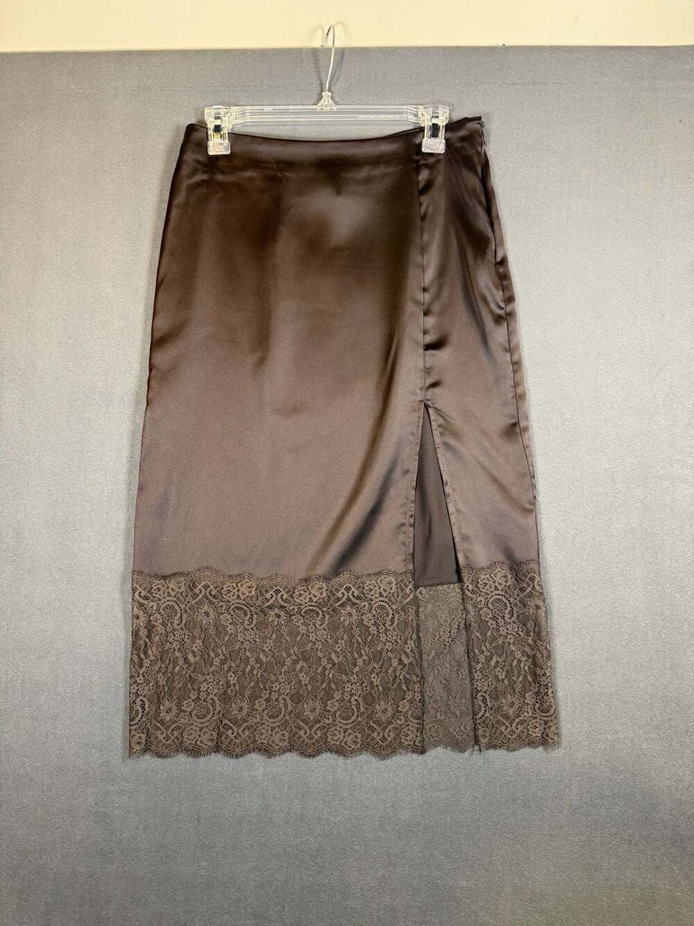 Brown Satin Lace trim Midi Skirt Size 6